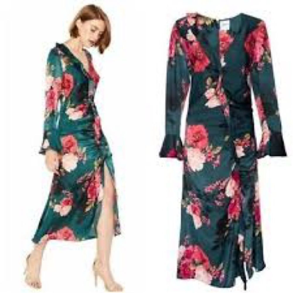 NWT women’s MISA Santana crepe Chiffon Long Sleeve Ruffle midi Dress sz small